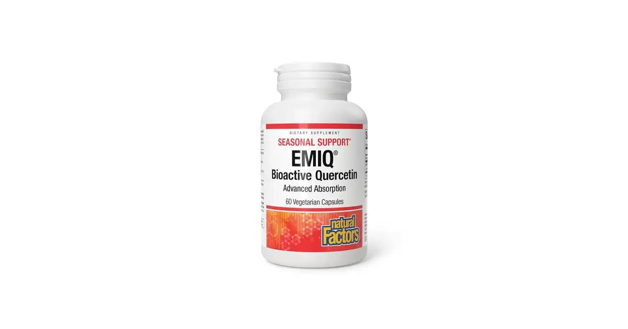Flacon de querc&eacute;tine bioactive EMIQ, 60 capsules v&eacute;g&eacute;tariennes. Soutien saisonnier pour un intestin sain.