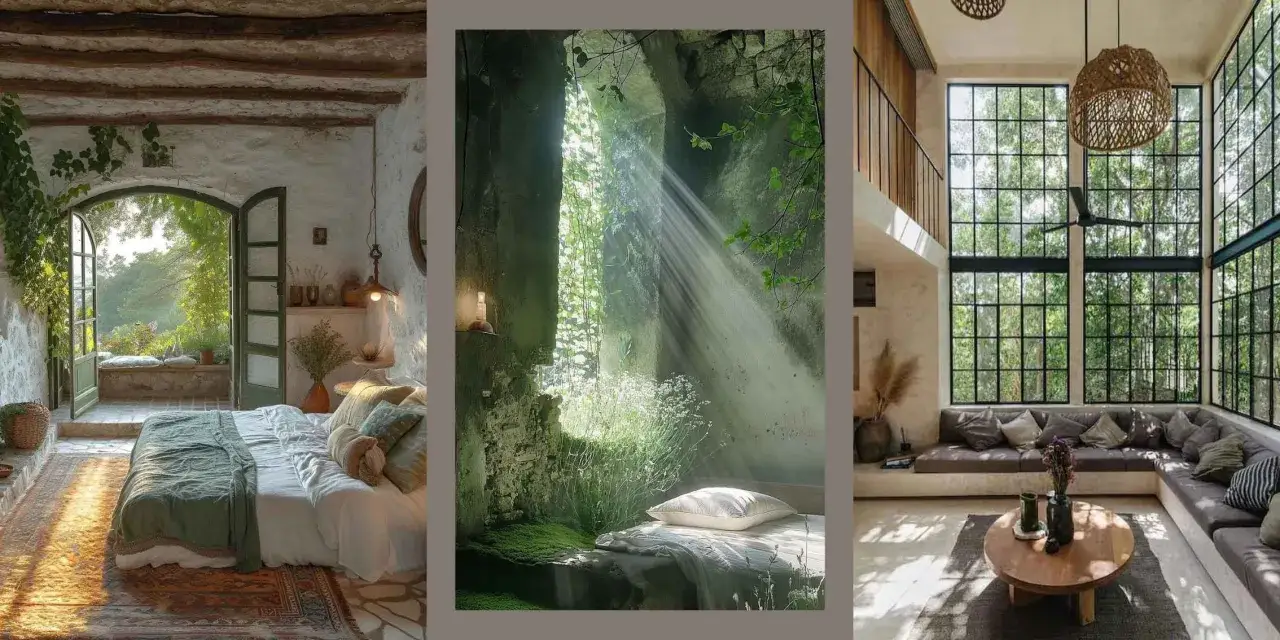 Inspiring home design consultants showcase serene bedrooms and a modern living space with abundant natural light and greenery.