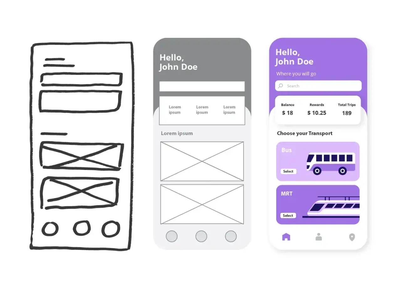 Diseño de interfaz de usuario para una app de transporte, mostrando el proceso de cómo hacer una web o app.