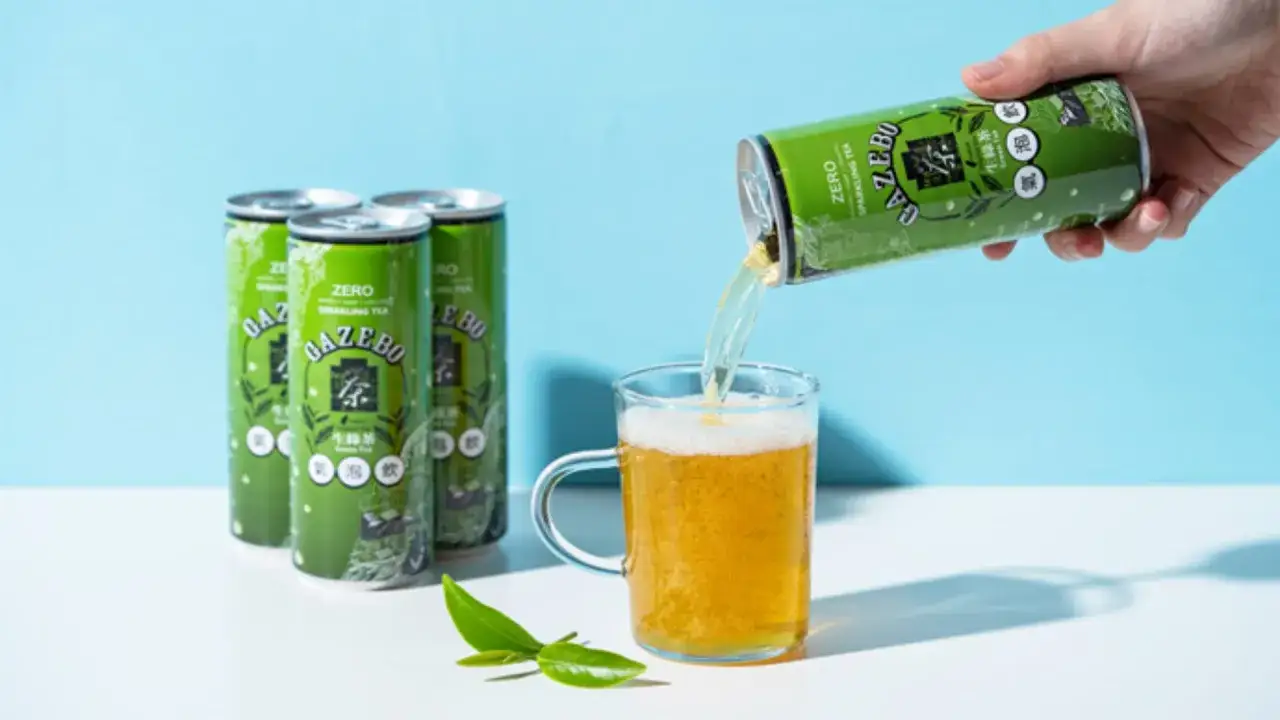 Gazebo Zero Sparkling Tea, z zieloną herbatą, nalewany do szklanki. Odkryj orzeźwiające właściwości zielonej herbaty w tej pysznej, gazowanej wersji.