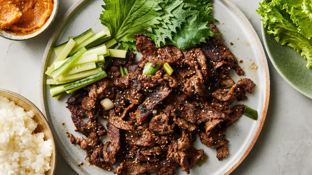 En tallrik med saftigt bulgogi, gurkstavar, ris och salladsblad. Perfekt för ett gott bulgogi recept!