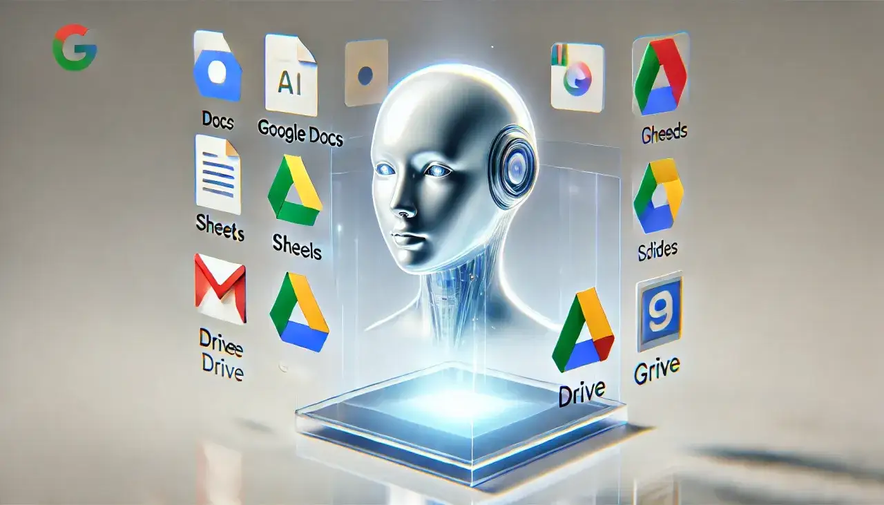 Cabeza de robot de IA rodeada de iconos de Google Drive, Docs, Sheets y Gmail.