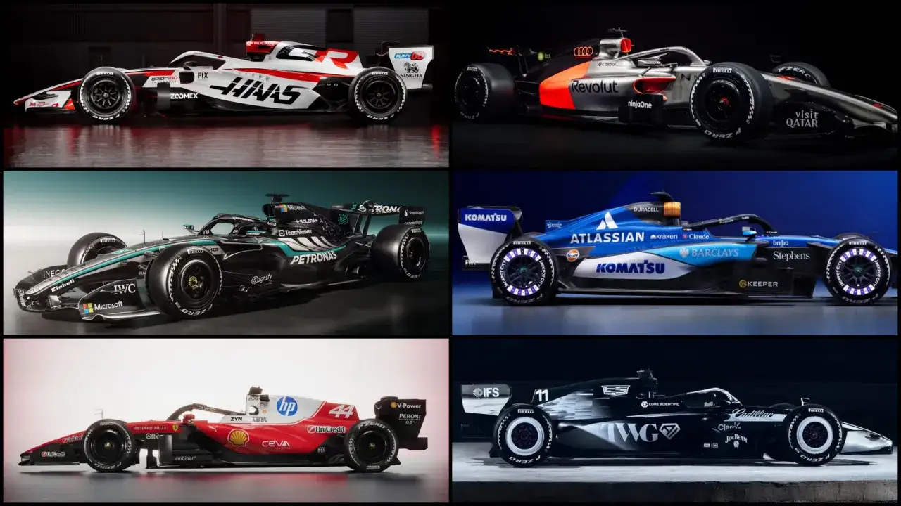 Los coches de F1 más espectaculares para las f1 noticias. Vemos Haas, Audi, Mercedes, Williams, Ferrari y Cadillac.