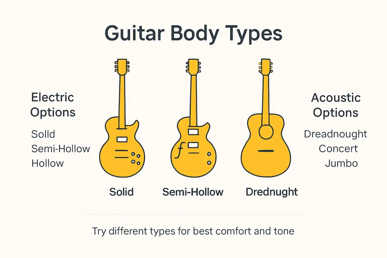 Trzy żółte gitary: solid, semi-hollow i dreadnought. Każdy kształt gitary ma swoje unikalne cechy.