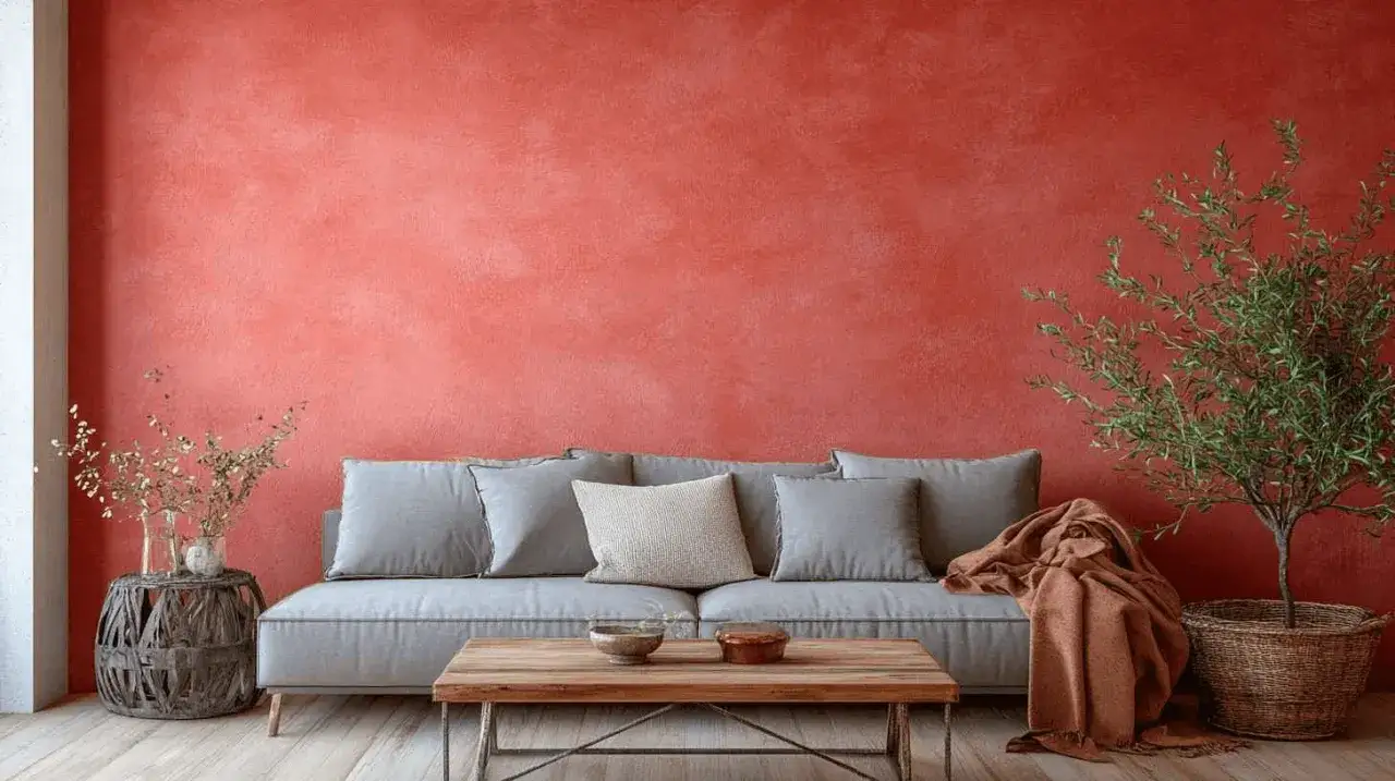 Ein Wohnzimmer mit einer lebendigen Korallenwand, die wie frisch nach dem Wandfarbe mischen aussieht. Ein graues Sofa, ein Holztisch und eine Pflanze schaffen Gem&uuml;tlichkeit.