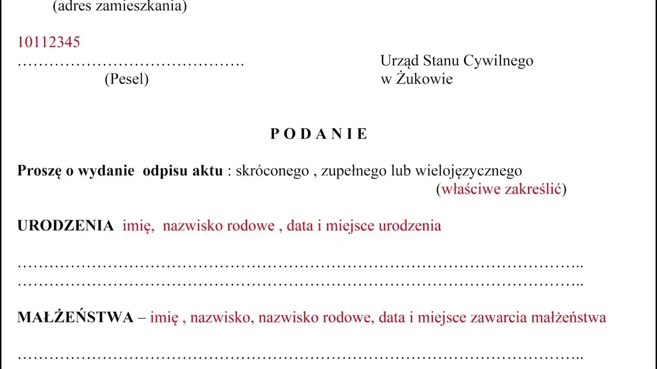 wniosek o odpis aktu małżeństwa