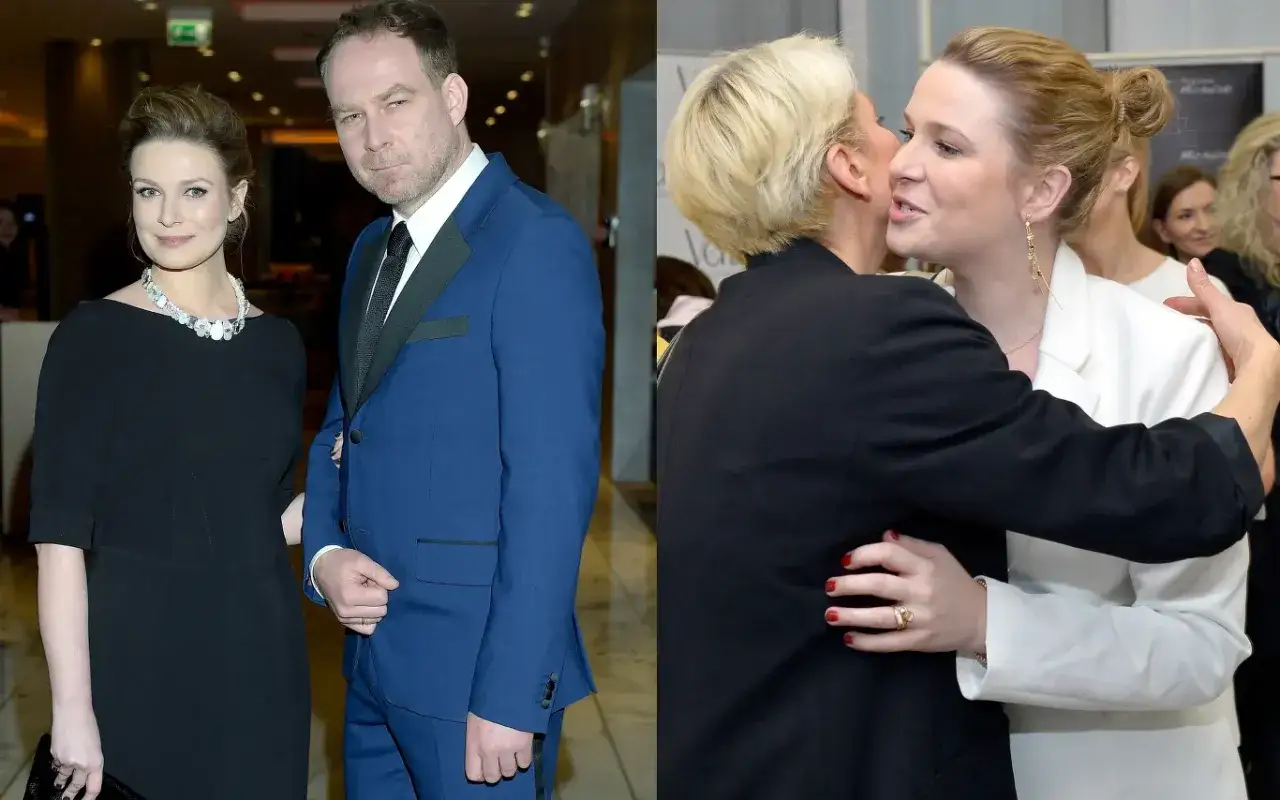 Marcin Perchuć z partnerką na premierze. Po prawej stronie uściski dwóch kobiet, być może początek romansu.