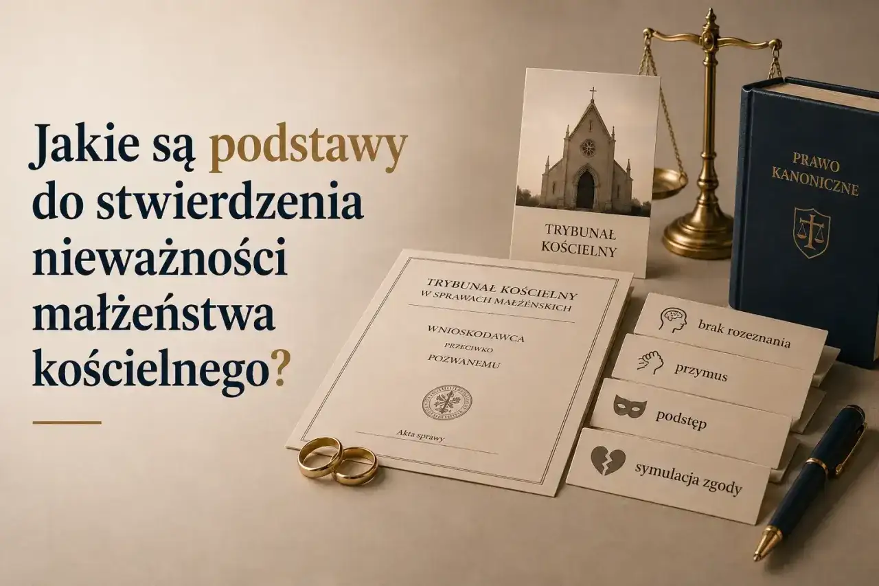 Podstawy do stwierdzenia nieważności małżeństwa kościelnego: brak rozeznania, przymus, podstęp, symulacja zgody. Dokumenty sądowe, obrączki i prawo kanoniczne.