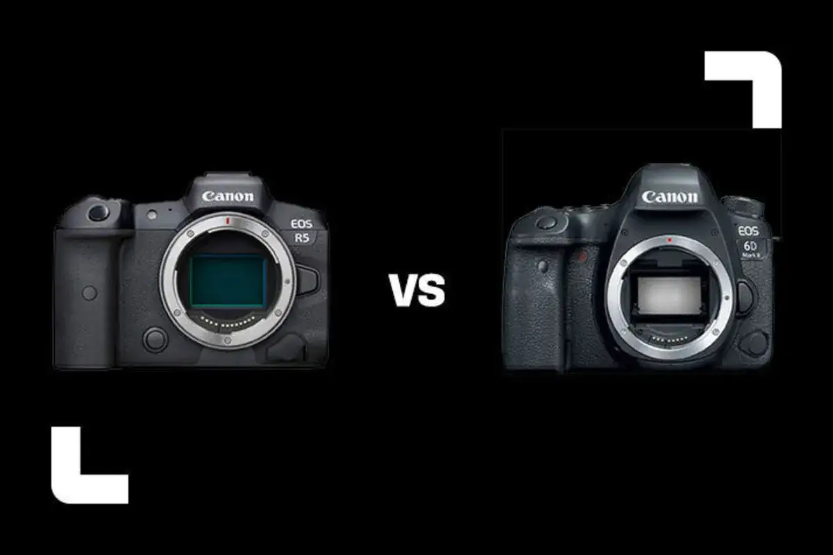 Comparaison entre un appareil photo hybride Canon EOS R5 et un appareil photo reflex Canon EOS 6D Mark II.
