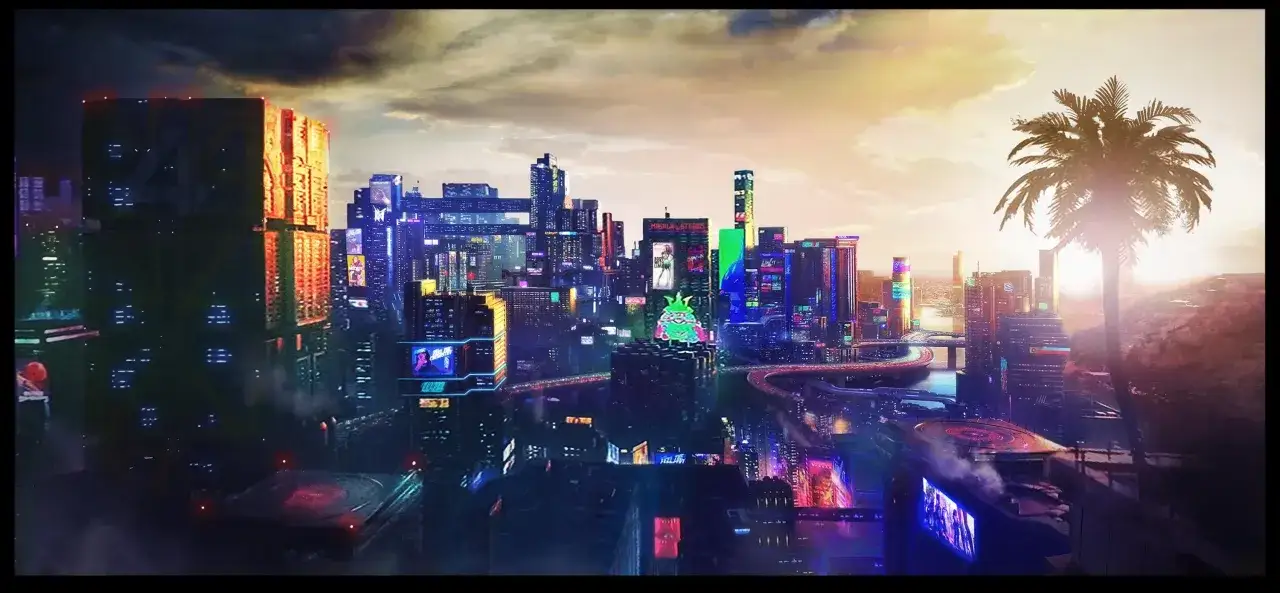 Neonowe miasto nocą, pełne świateł i drapaczy chmur. Ile godzin minęło od zachodu słońca w tym cyberpunkowym świecie?