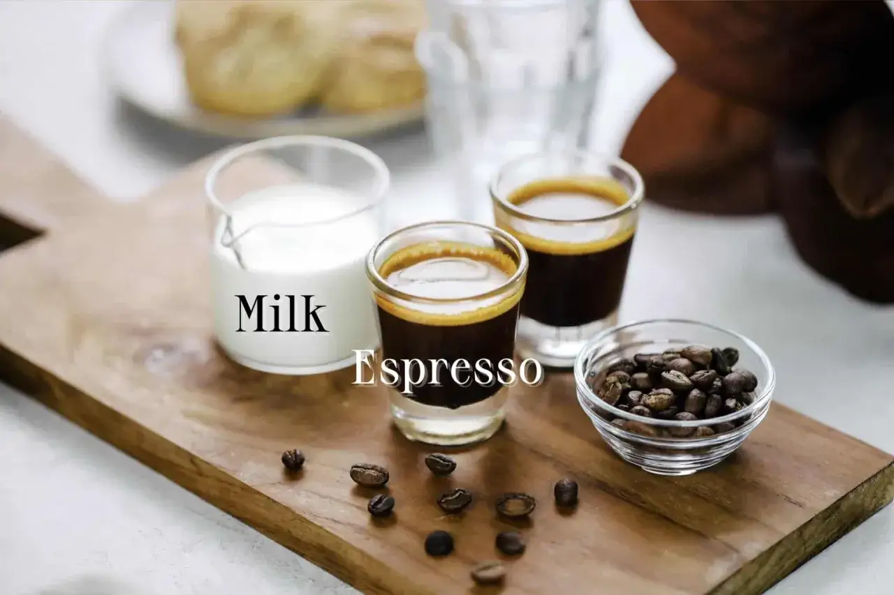 Składniki do idealnej kawy cortado: espresso, mleko i ziarna kawy.