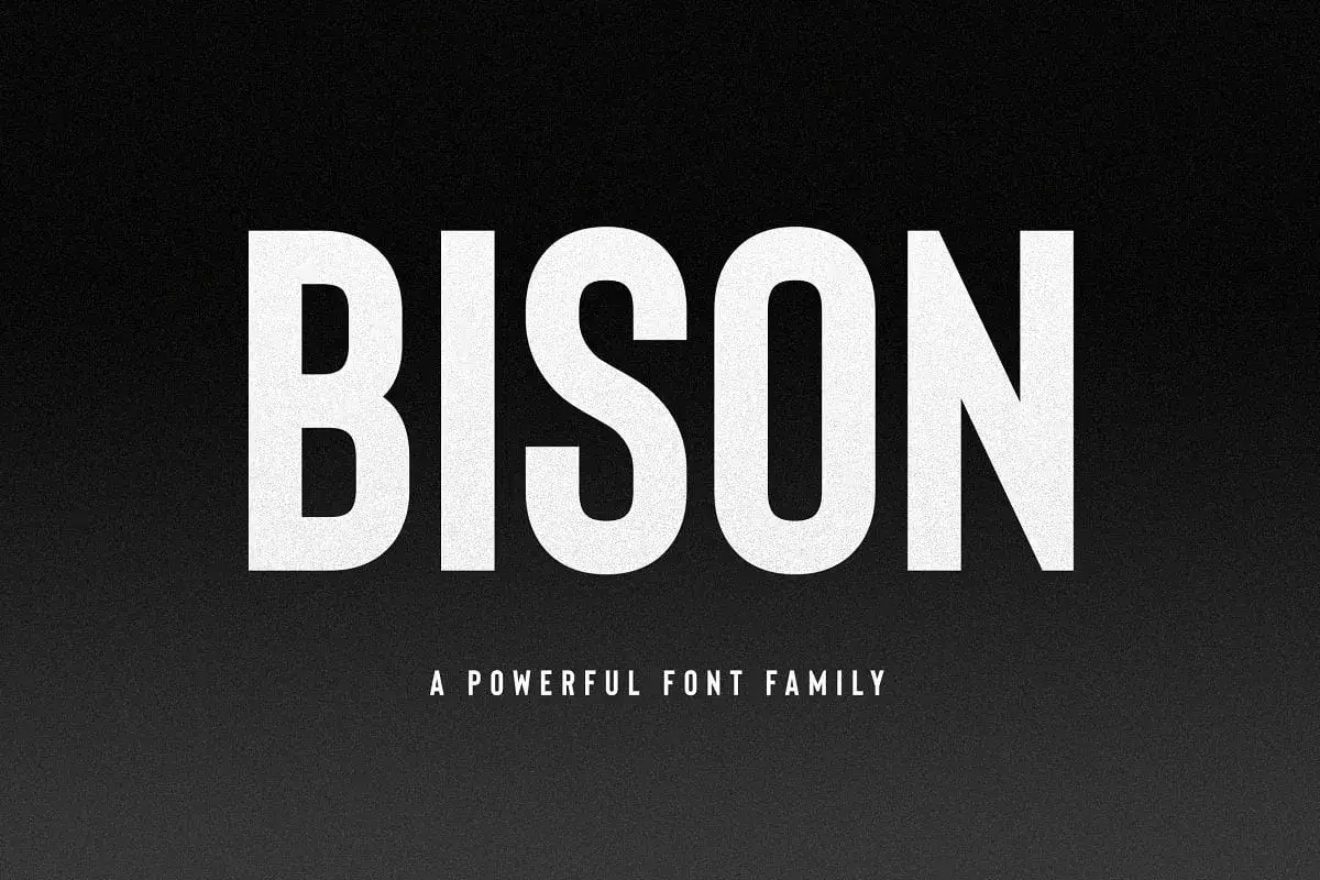 BISON, una familia de fuentes potente con tipografía recta, se muestra en blanco sobre un fondo negro granulado.