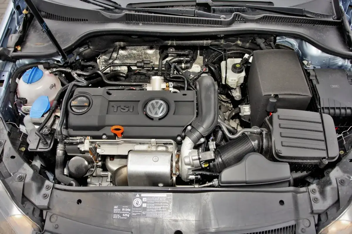 Silnik 1.4 TSI w samochodzie, widok z góry. Widać turbosprężarkę, kolektor dolotowy i inne elementy.