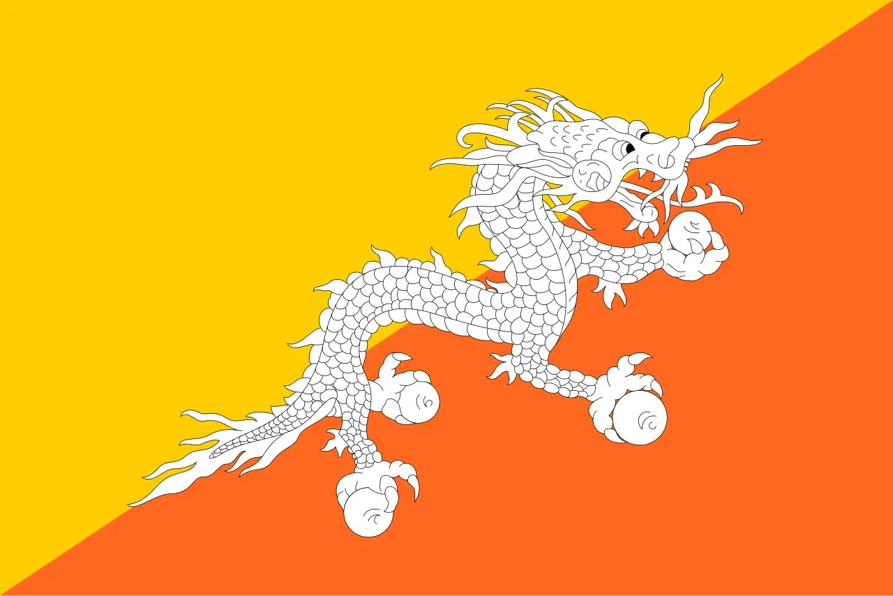 Flaga Bhutan z białym smokiem na tle żółto-pomarańczowym. Smok symbolizuje siłę i czystość.