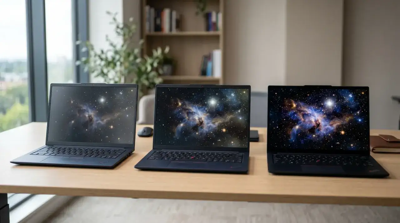 Trzy laptopy z matrycą wyświetlającą kosmiczne mgławice.