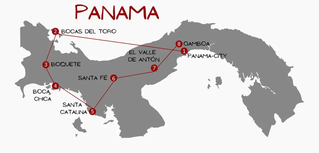 Karte von Panama mit Reiseroute: Panama-City, Gamboa, El Valle de Antón, Santa Fé, Santa Catalina, Boca Chica, Boquete, Bocas del Toro. Perfekt für Ihren Panama Urlaub!