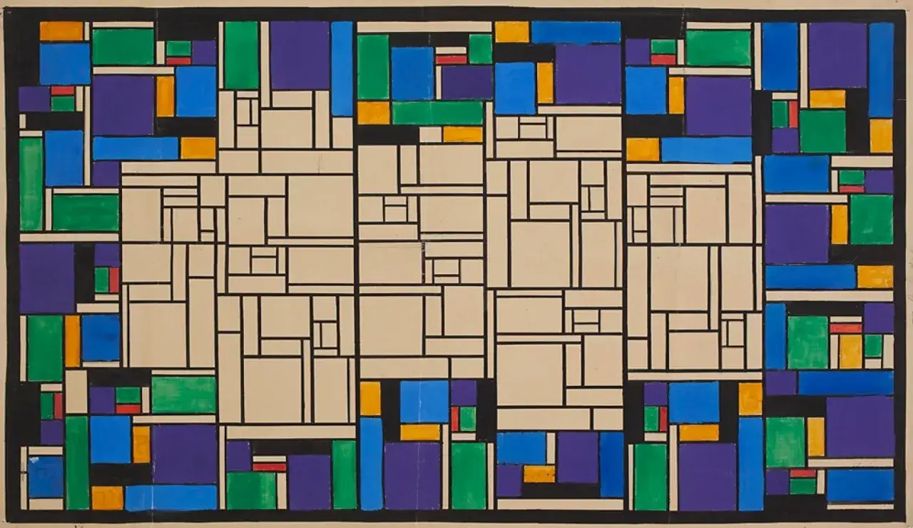 Composition abstraite aux formes g&eacute;om&eacute;triques et couleurs primaires, dans le style De Stijl.