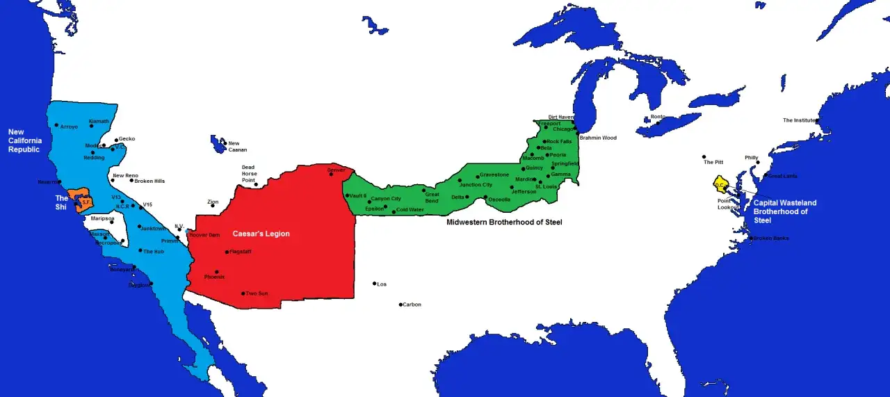 Mapa de facciones de Fallout: New Vegas y alrededores. La NCR azul domina California, la Legi&oacute;n de C&eacute;sar roja el suroeste, y la Hermandad del Acero verde el medio oeste.