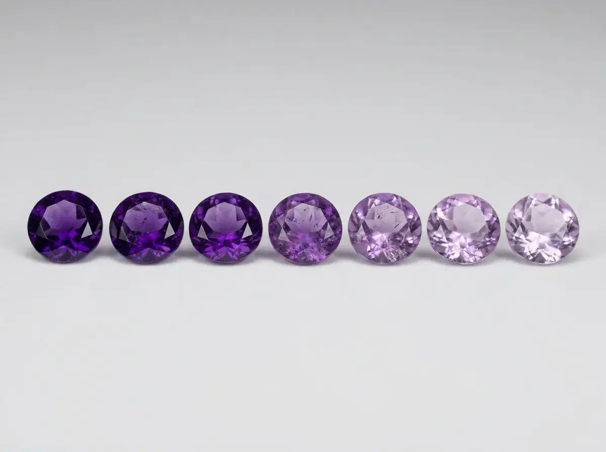 Otto ametiste sfaccettate, dal viola intenso al lilla pallido, mostrano la variet&agrave; di tonalit&agrave; di questa pietra viola.