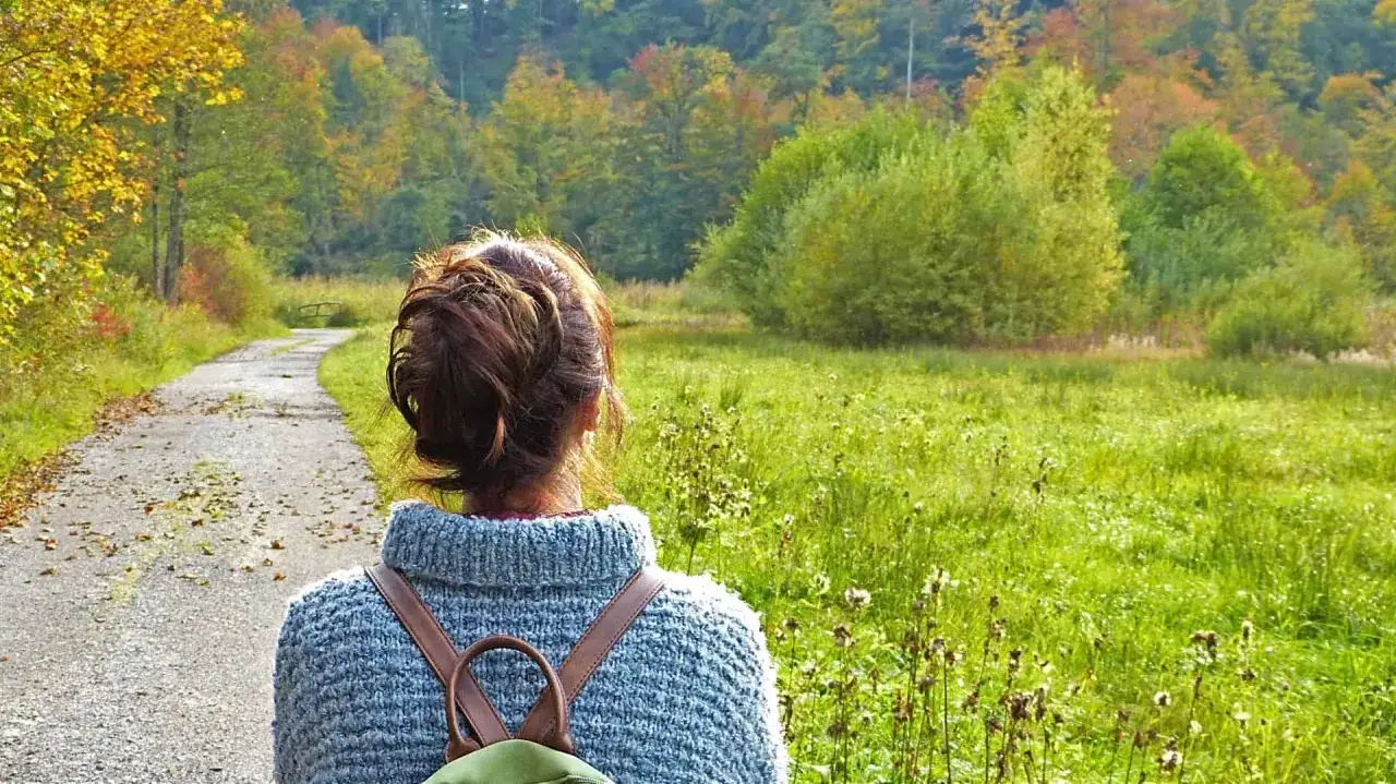 En person med ryggen mot betraktaren vandrar p&aring; en grusv&auml;g genom en h&ouml;stf&auml;rgad skog. En k&auml;nsla av inre lugn infinner sig.