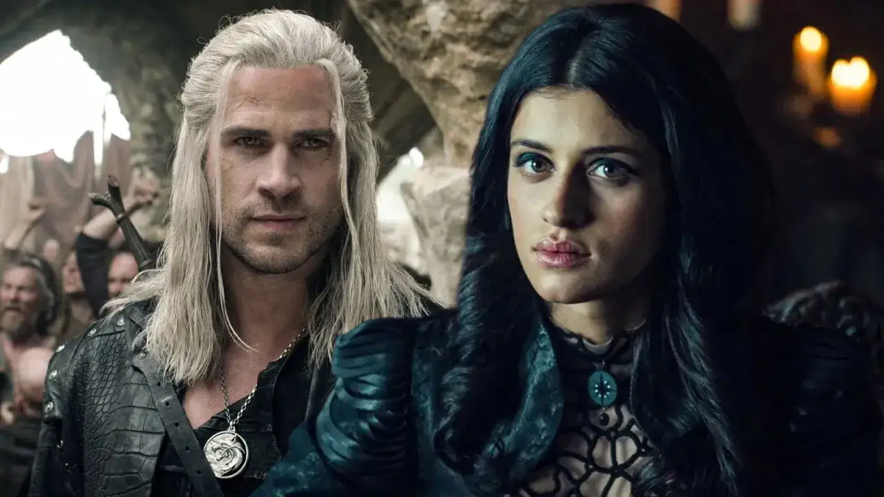 Wiedźmin aktor Henry Cavill i Yennefer z Vengerbergu, w tle tłum ludzi.