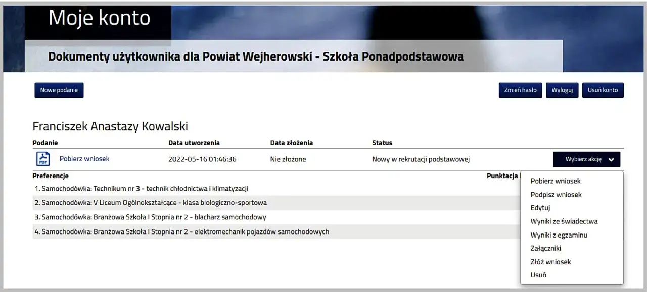 System rekrutacji do liceum: Franciszek Kowalski złożył wniosek, który jest w statusie