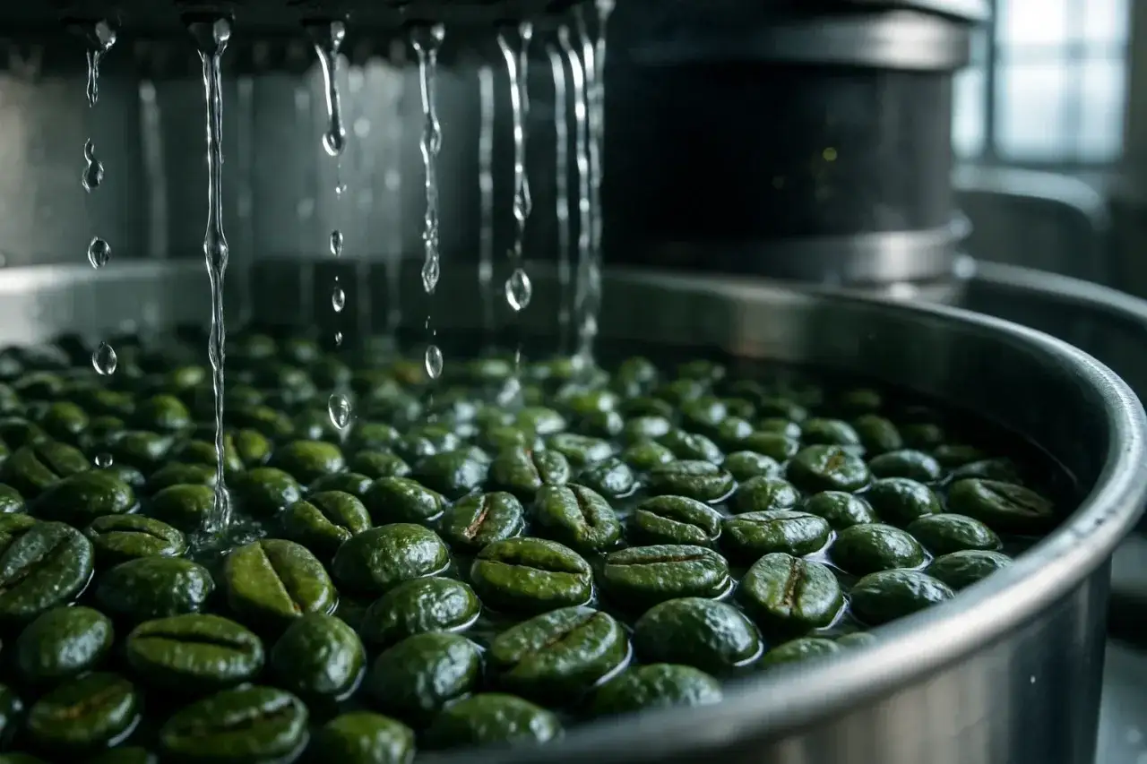 Chicchi di caffè verdi immersi nell'acqua, mentre gocce cadono dall'alto. Il processo di decaffeinizzazione per un caffè senza caffeina.