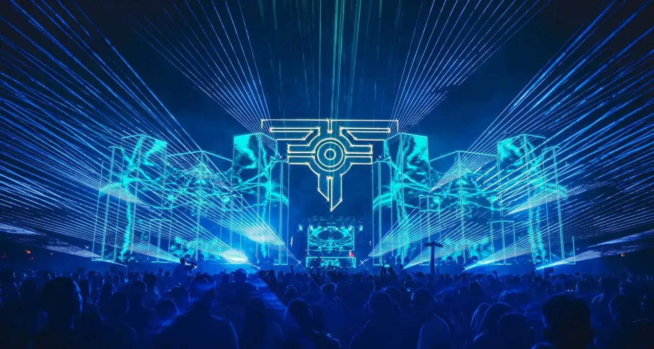 Tłumy ludzi na festiwalu muzycznym, otoczone niebieskimi laserami i neonowymi światłami. Na scenie logo festiwalu.