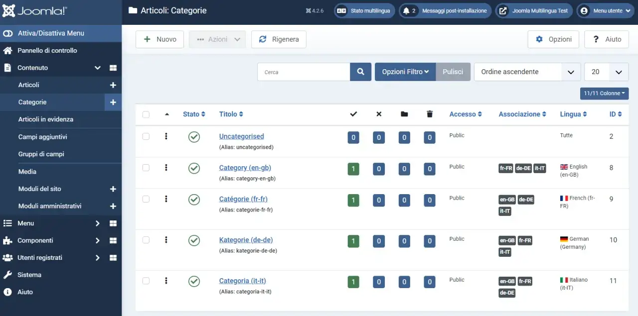 Gestione categorie per **Joomla siti web**. Interfaccia per organizzare contenuti, con opzioni multilingua e gestione articoli.