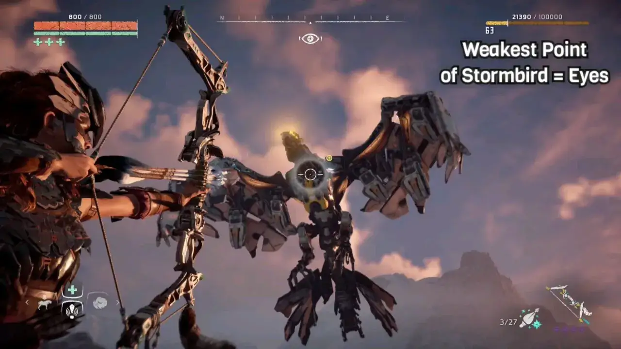Aloy apunta con su arco a un Stormbird en Horizon Zero Dawn. La gu&iacute;a indica que sus ojos son el punto d&eacute;bil.