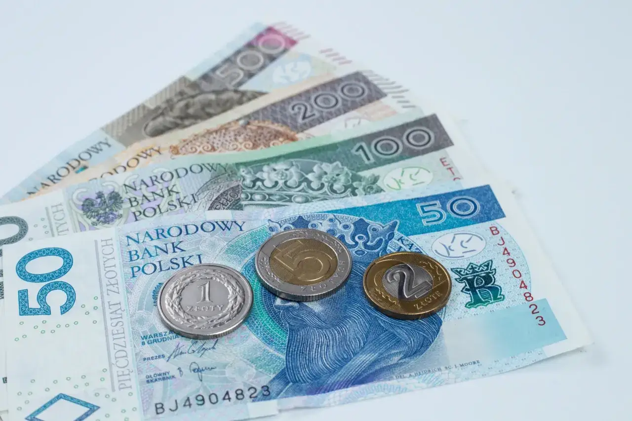 Polskie banknoty i monety. R&oacute;żne nominały pieniędzy, kt&oacute;re mogą być por&oacute;wnywane w kontekście renta socjalna a renta z tytułu niezdolności do pracy.