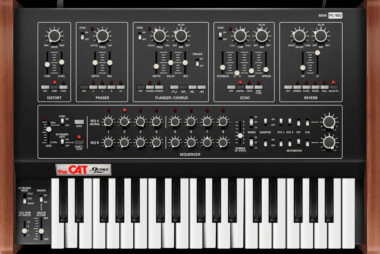 A black synthesizer with a wooden frame, featuring a keyboard and many knobs and sliders for creating a meow synth sound.
