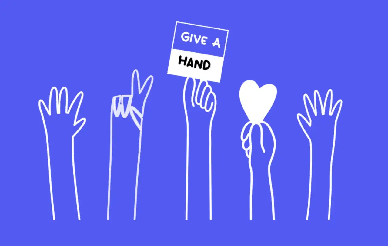Five white line-drawn hands reach up against a blue background. One hand holds a sign that says