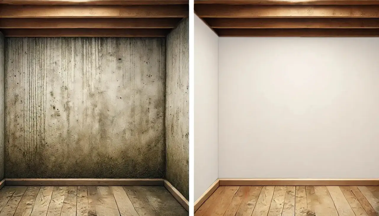 Vorher-Nachher-Vergleich: Schimmel im Keller wer haftet? Links feuchte, schimmelige Wand, rechts frisch gestrichen.