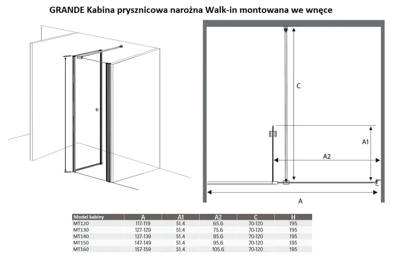 GRANDE Kabina prysznicowa narożna Walk-in. Rysunek techniczny z wymiarami A, A1, A2, C, H. Tabela modeli kabin i ich wymiary. Wygodny prysznic wymiary dopasowane do Twojej łazienki.