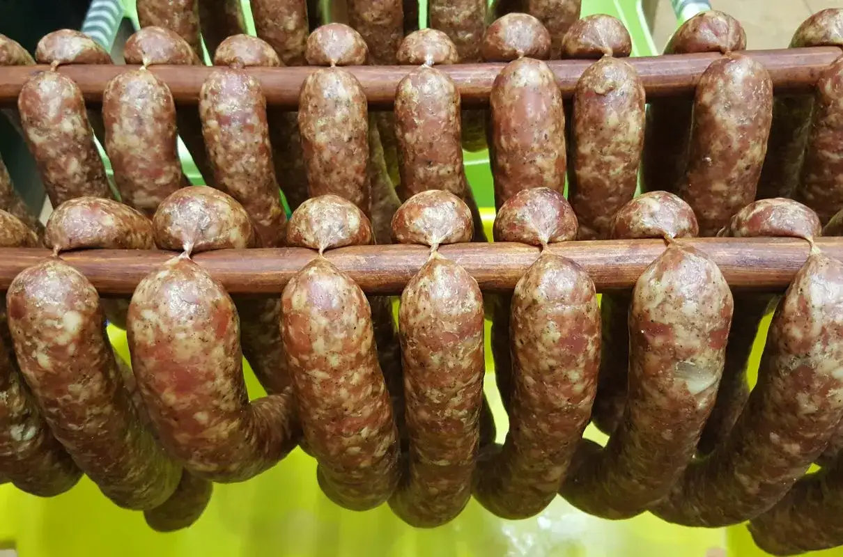 Wiele kiełbas wisi na drewnianych belkach. To idealny przepis na kiełbasę z dzika, gotową do wędzenia.