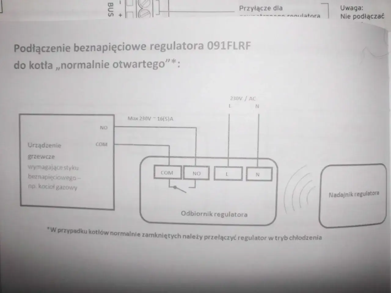 Schemat podłączenia bezprzewodowego regulatora 091FLRF do kotła. Brak komunikacji może być spowodowany nieprawidłowym połączeniem.