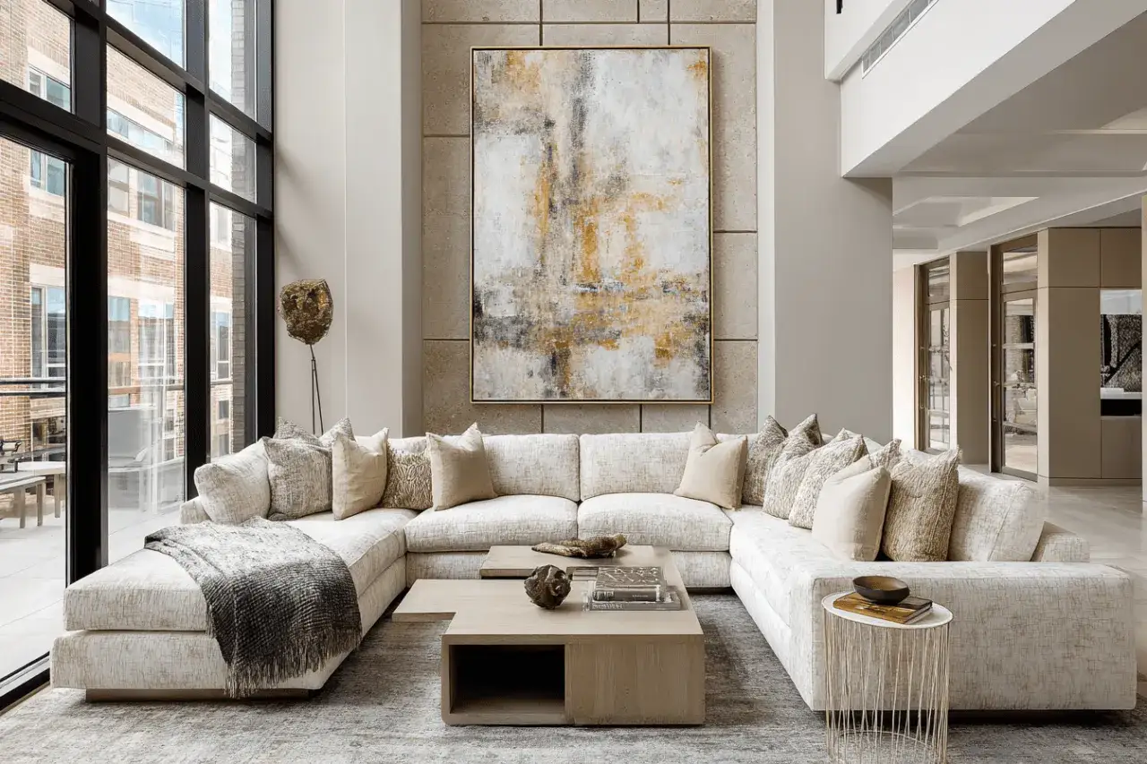 A large abstract painting with gold and grey tones above a sectional sofa. This image offers inspiration on how to choose art for your home.