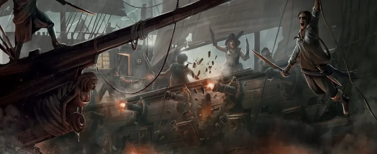 Piracka bitwa na morzu, burza, armaty strzelają, a na pokładzie widać symbole **skull and bones**.