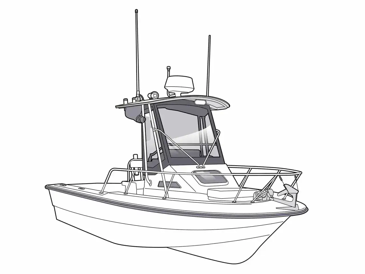 Bateau de p&ecirc;che avec cabine, m&acirc;t, radar et ancre. Le r&eacute;cepteur blu est pr&ecirc;t pour l'aventure en mer.