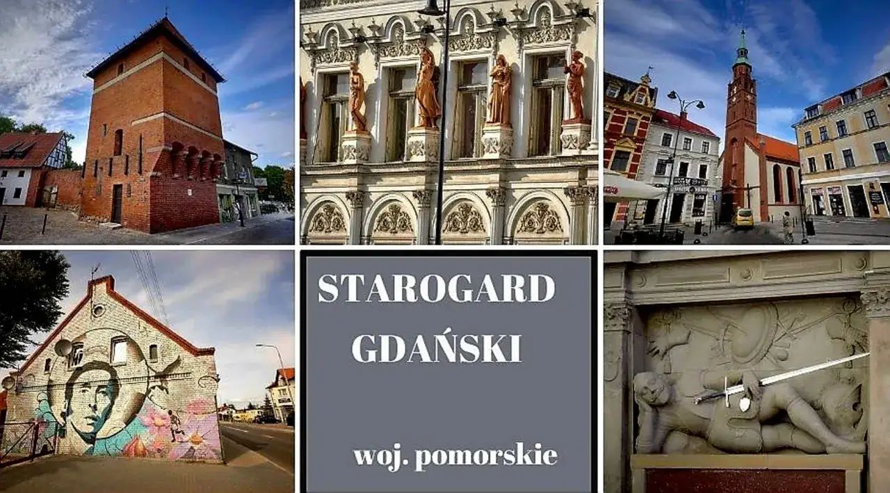 Starogard Gdański atrakcje: wieża, zabytkowe kamienice, mural i rzeźba.