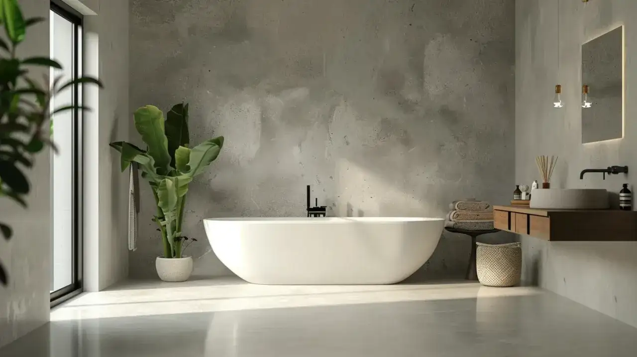 Un moderno bagno in resina con vasca freestanding, lavabo in pietra e piante verdi.