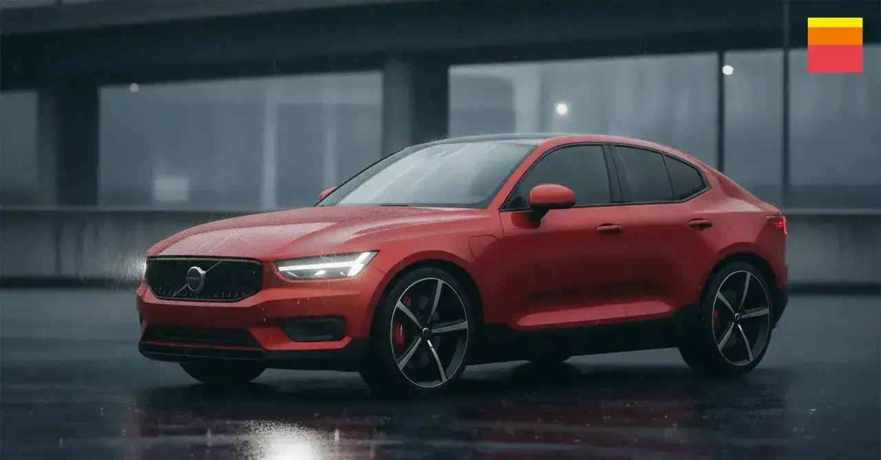 Röd Volvo C40 Recharge står parkerad i regnet. Den ser ut att vara redo att köra iväg, kanske för att vaxa hemma i garaget.