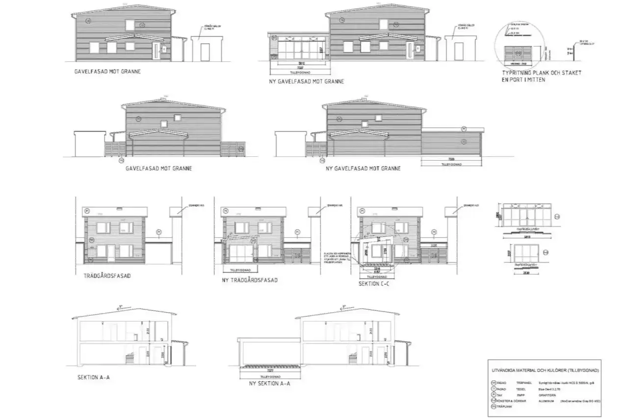 Ritningar visar en utbyggnad av ett hus, med fasader, sektioner och detaljer. Utbyggnad hus långsida är tydligt illustrerad.