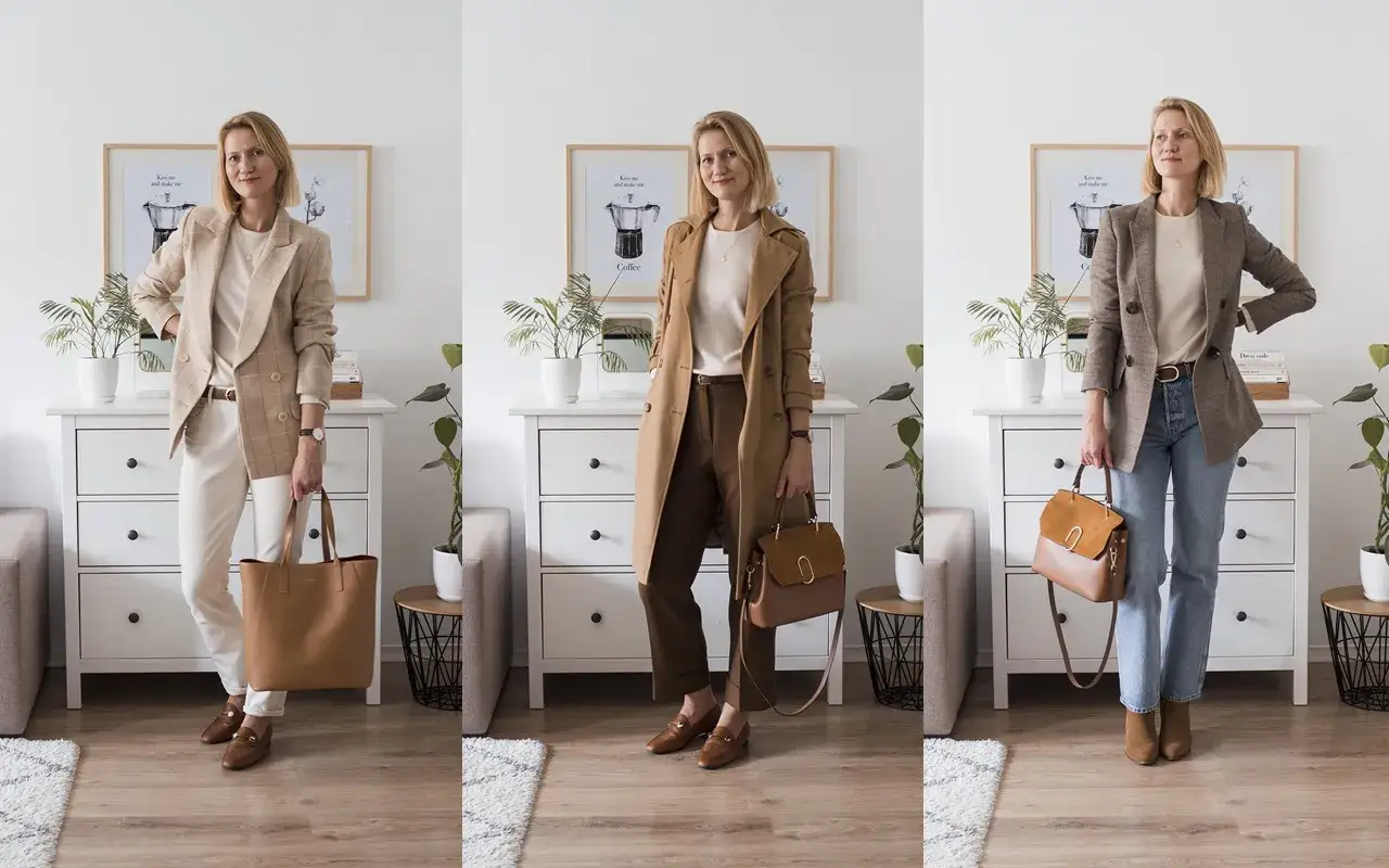 Trzy stylizacje w odcieniach beżu i brązu. W każdej z nich dominują eleganckie płaszcze i marynarki, a całość uzupełniają torebki w kolorze kaszmirowym.