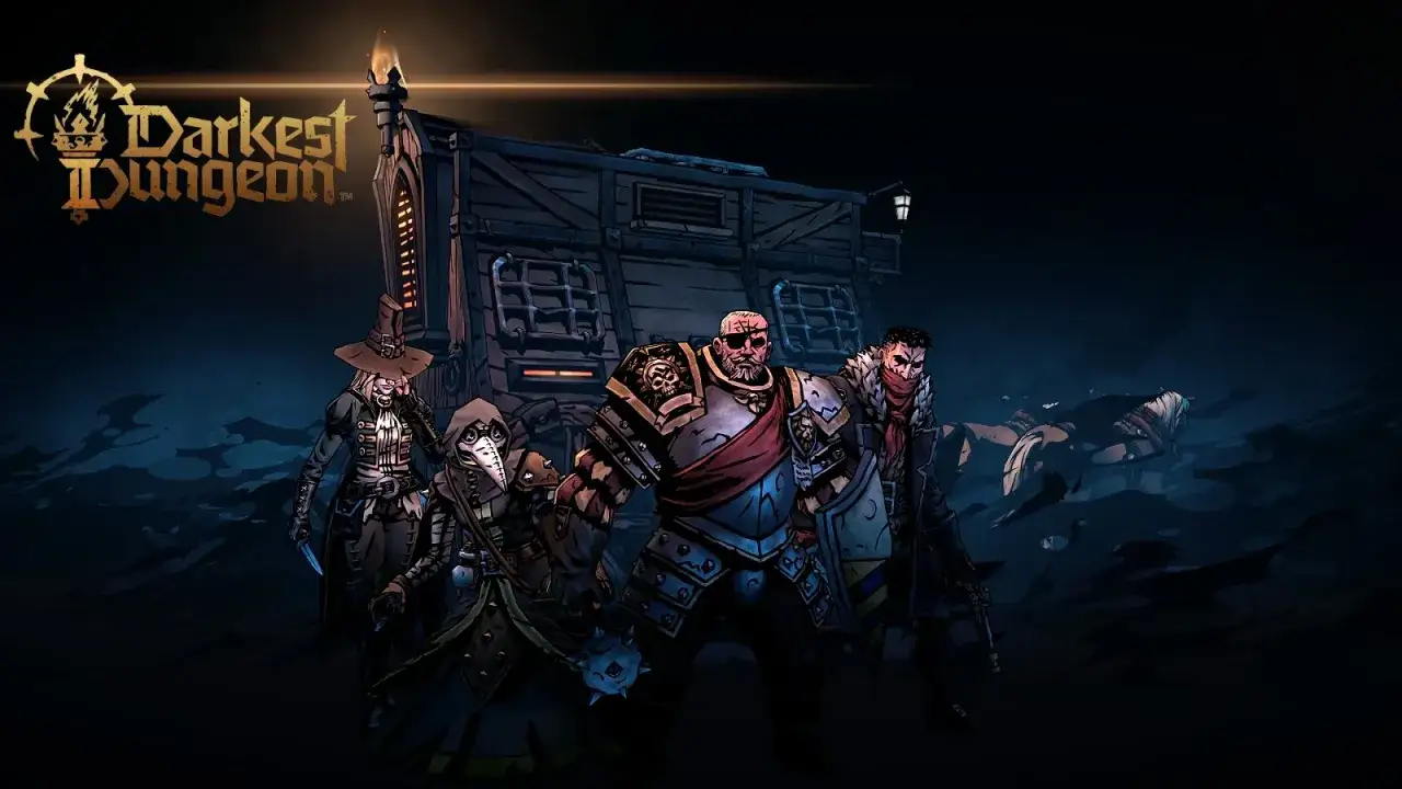 Drużyna bohaterów z gry Darkest Dungeon II szykuje się do wyprawy. W tle widać karawan.
