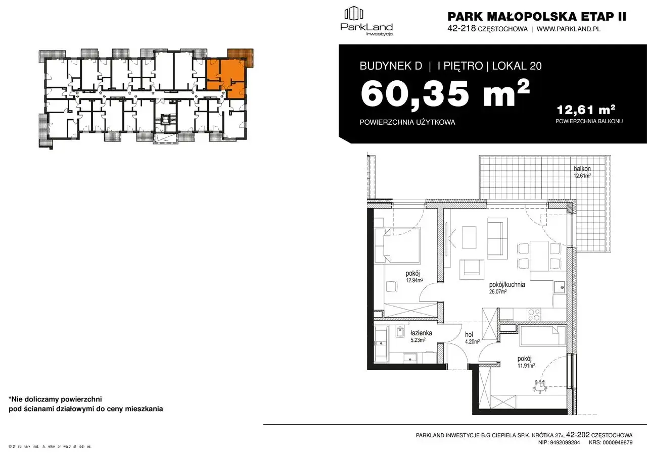 Plan mieszkania 60,35 m² z balkonem 12,61 m². Czy balkon wlicza się do powierzchni mieszkania? Tutaj nie, bo nie doliczamy go do ceny.