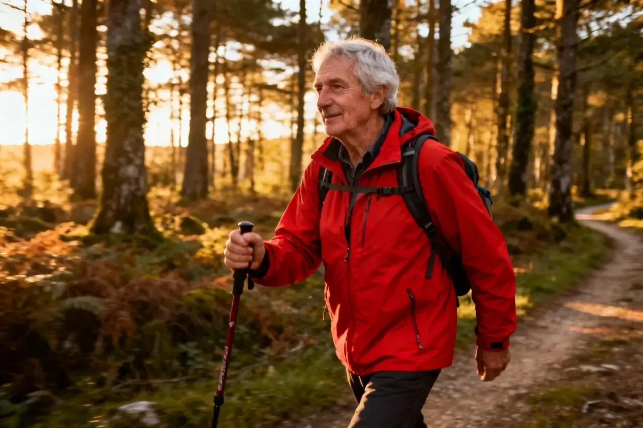 Un pèlerin souriant, bâton pèlerin Compostelle en main, marche sur un sentier forestier baigné de soleil.