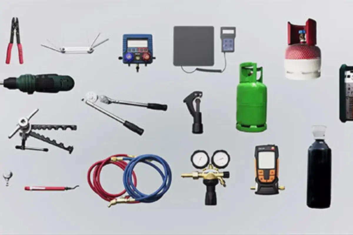 Herramientas para un carnet instalador aire acondicionado: taladro, llaves, man&oacute;metros, mangueras, cilindros de gas y m&aacute;s.