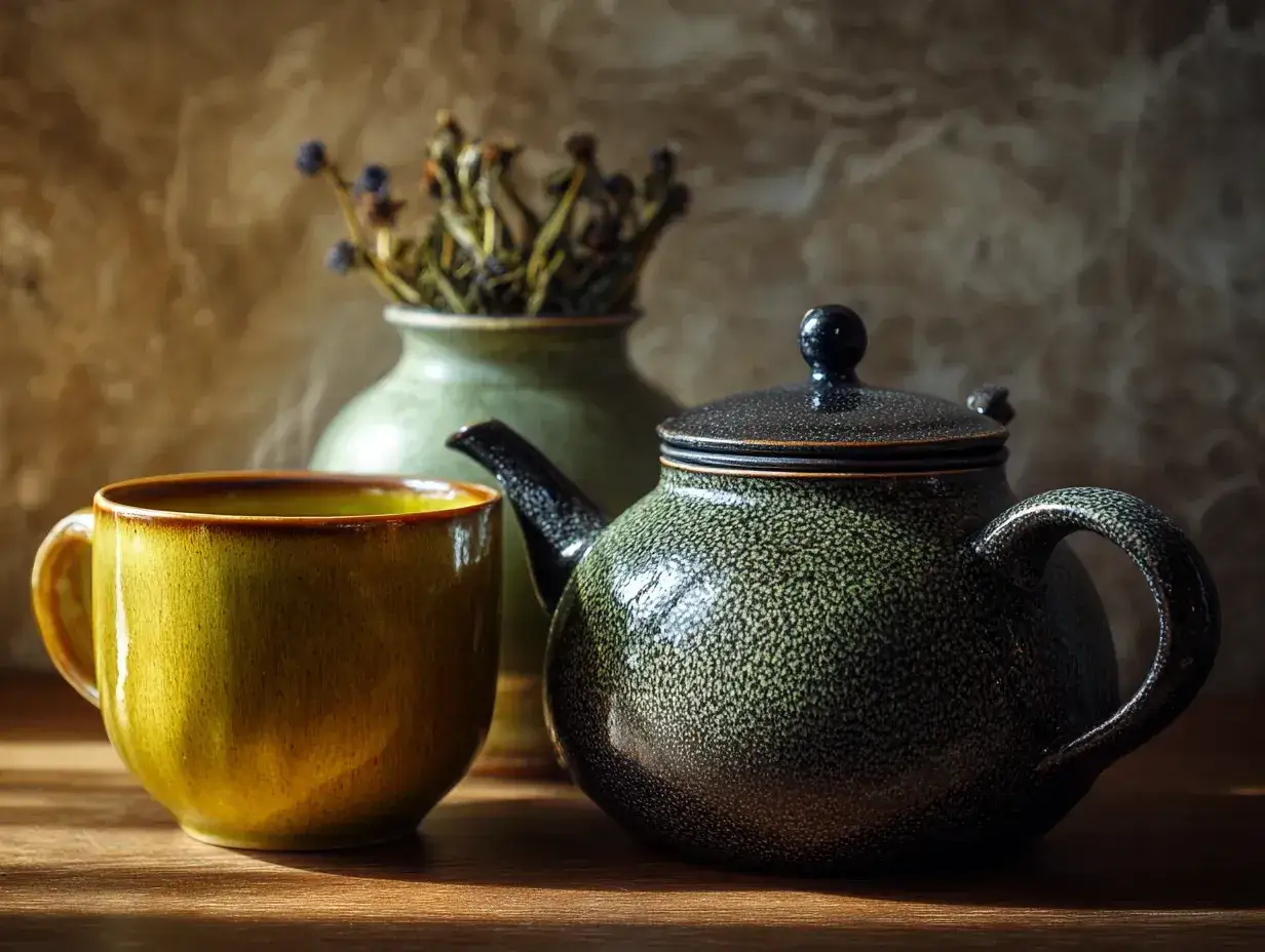 Une théière et une tasse en céramique, avec de la vapeur s'élevant de la tasse, suggérant le plaisir de boire du thé tous les jours.